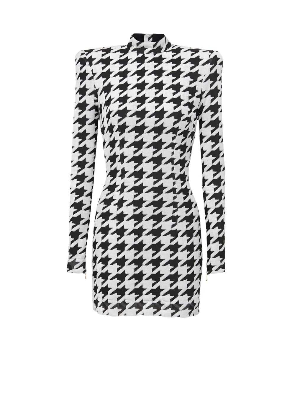 Balmain Short Houndstooth Print Velvet Dress Black | SJCWAFV-63