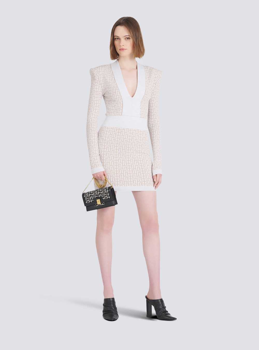 Balmain Short Knit Dress With Balmain Monogram White | KMPSGDH-71