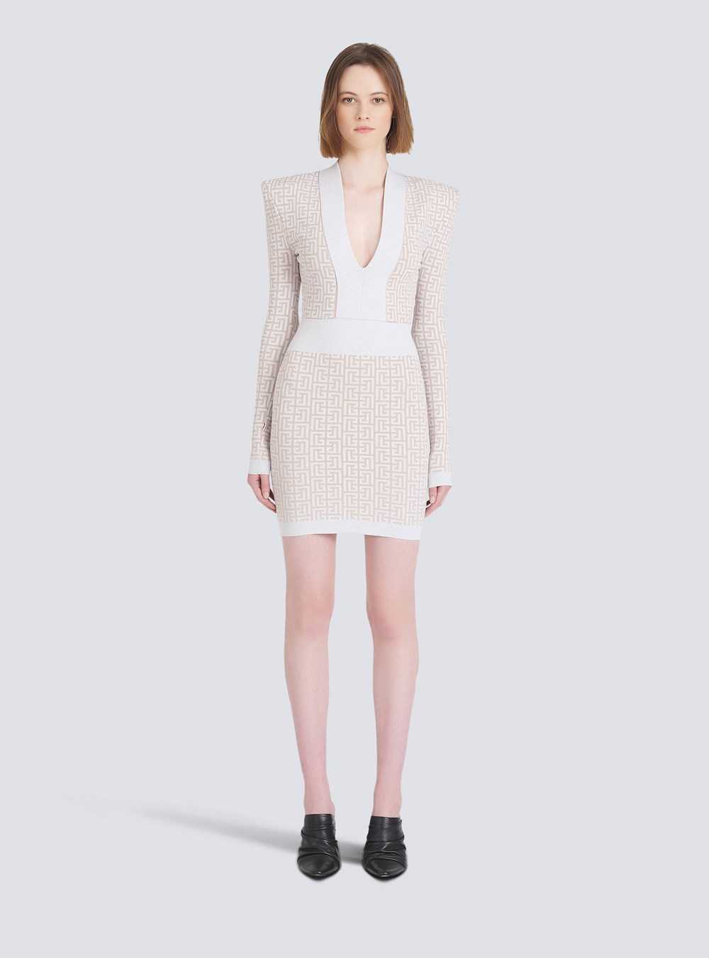 Balmain Short Knit Dress With Balmain Monogram White | KMPSGDH-71