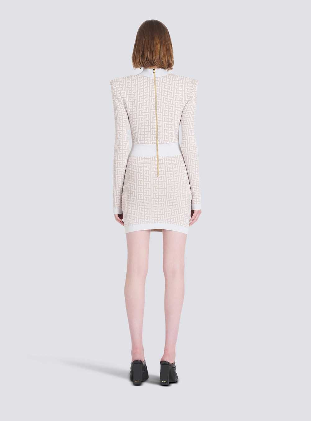 Balmain Short Knit Dress With Balmain Monogram White | KMPSGDH-71