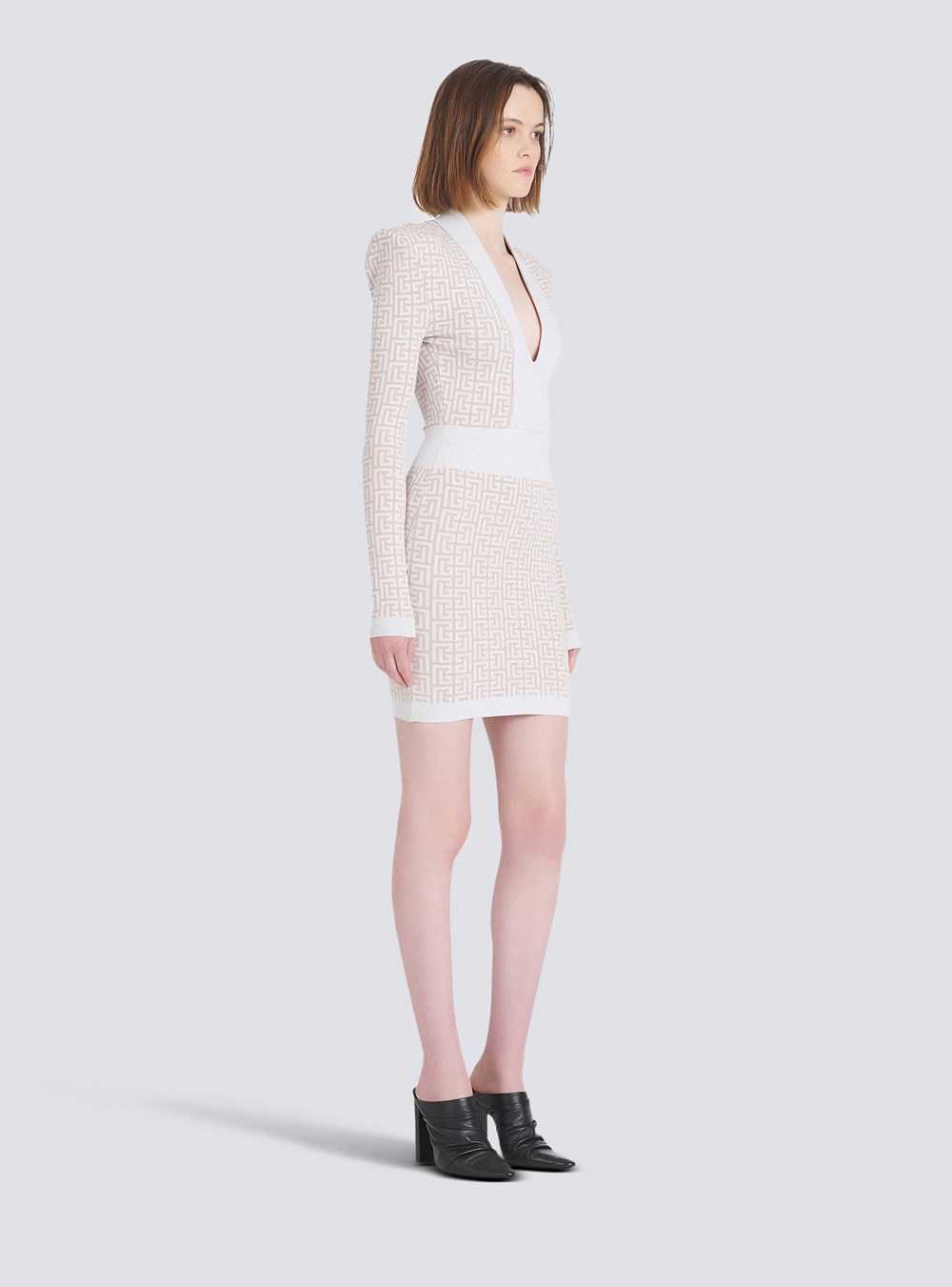 Balmain Short Knit Dress With Balmain Monogram White | KMPSGDH-71