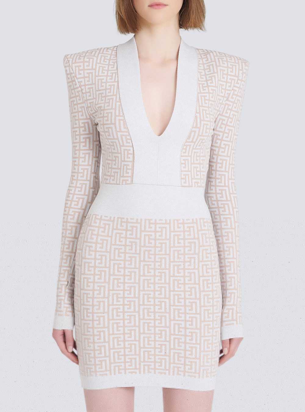 Balmain Short Knit Dress With Balmain Monogram White | KMPSGDH-71