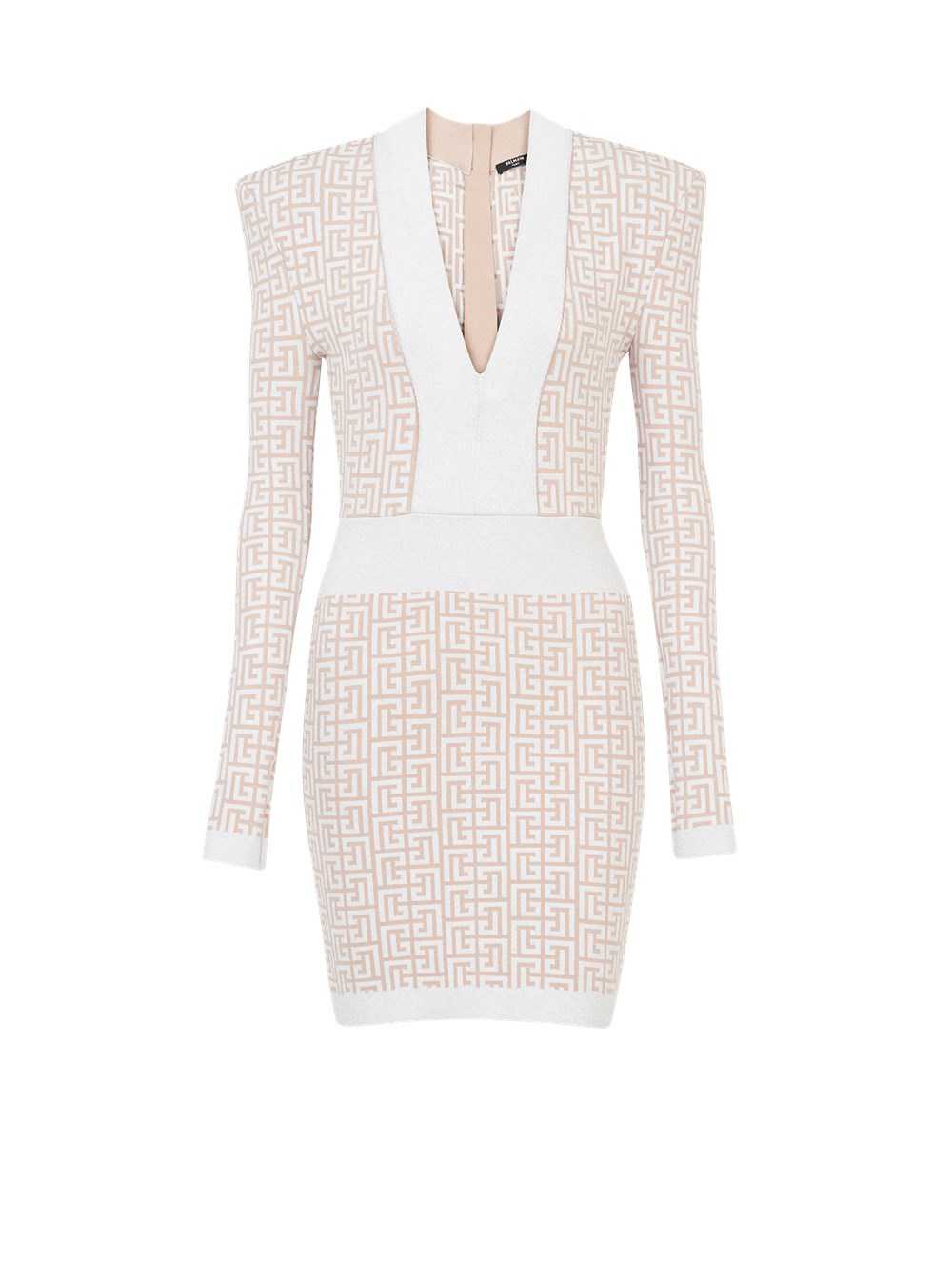 Balmain Short Knit Dress With Balmain Monogram White | KMPSGDH-71