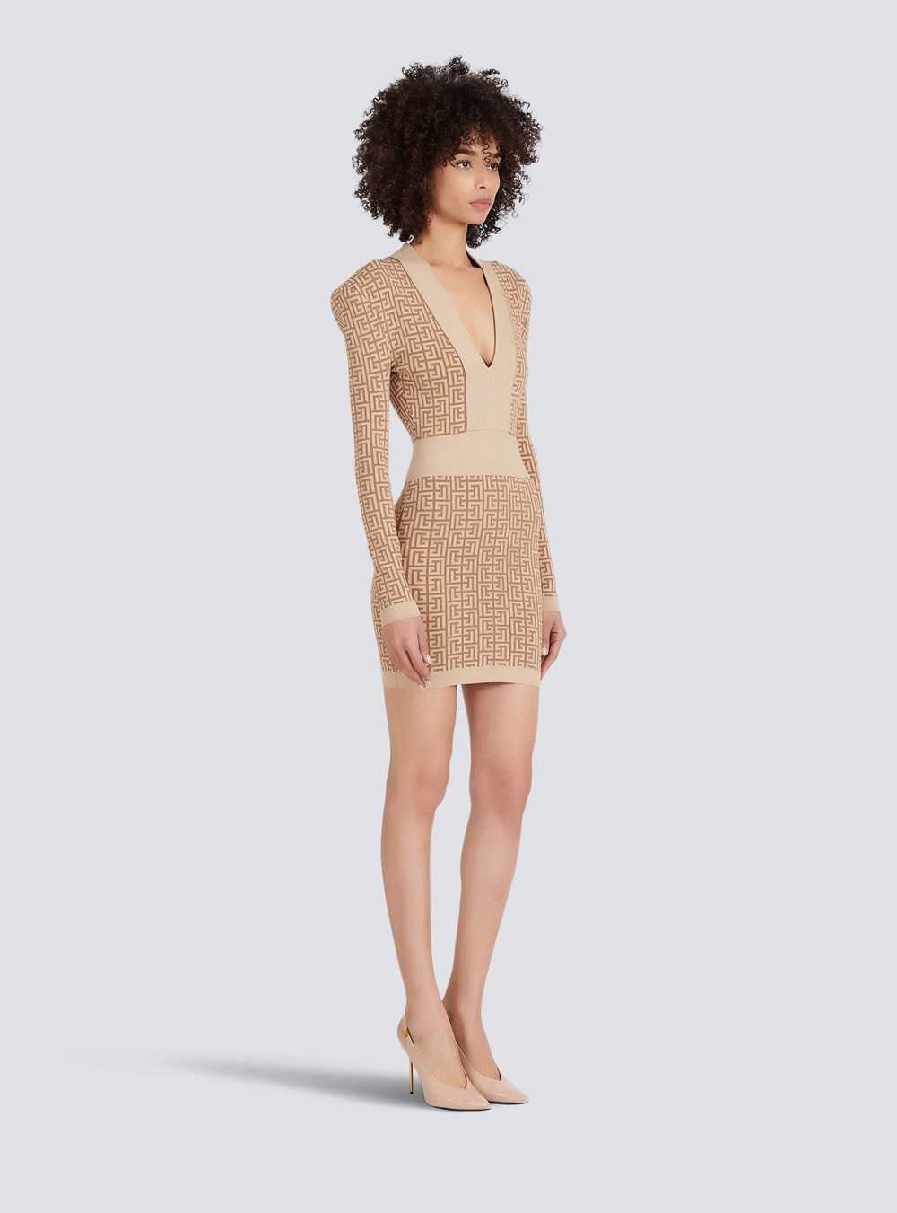 Balmain Short Knit Dress With Balmain Monogram Beige | MLJVHEK-19