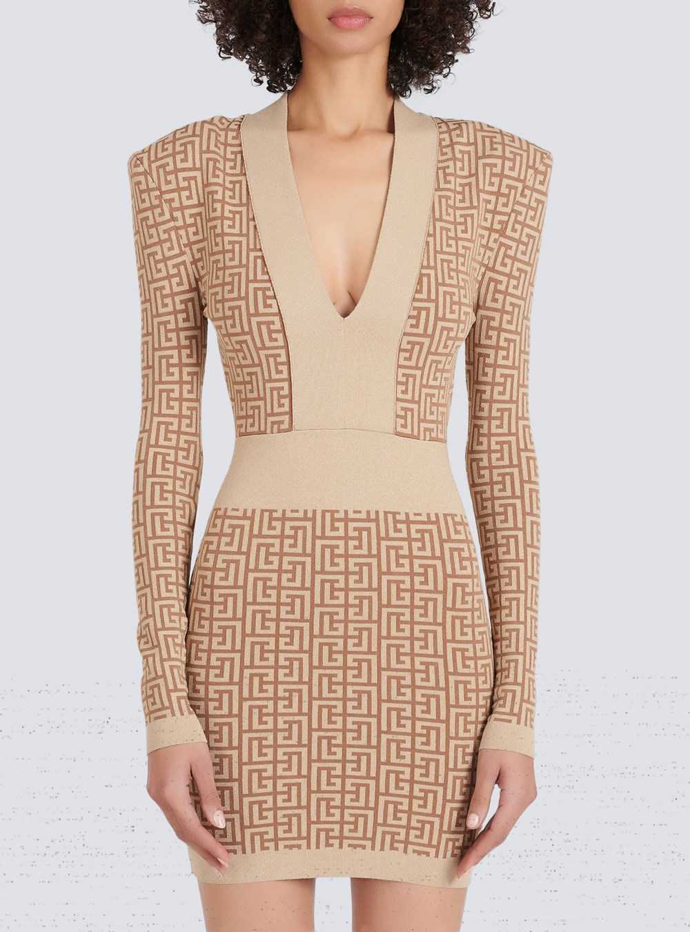 Balmain Short Knit Dress With Balmain Monogram Beige | MLJVHEK-19