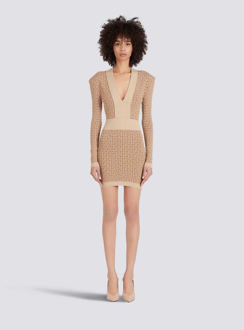 Balmain Short Knit Dress With Balmain Monogram Beige | MLJVHEK-19