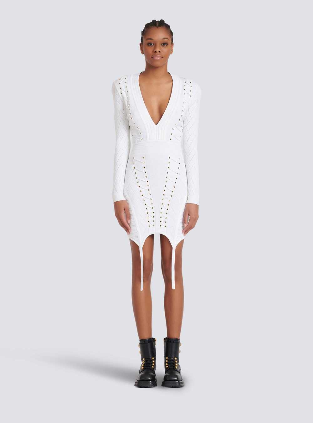 Balmain Short Knit Dress With Garter White | FAKUETG-68