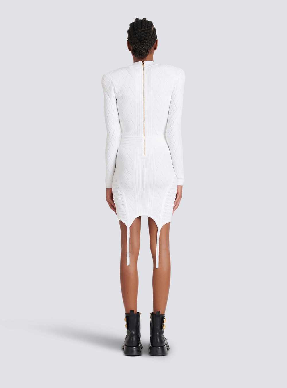 Balmain Short Knit Dress With Garter White | FAKUETG-68