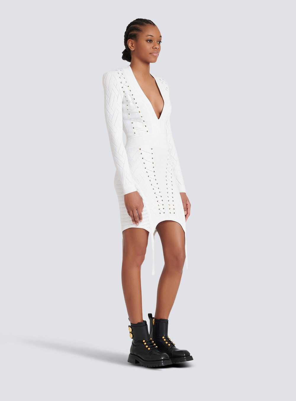 Balmain Short Knit Dress With Garter White | FAKUETG-68