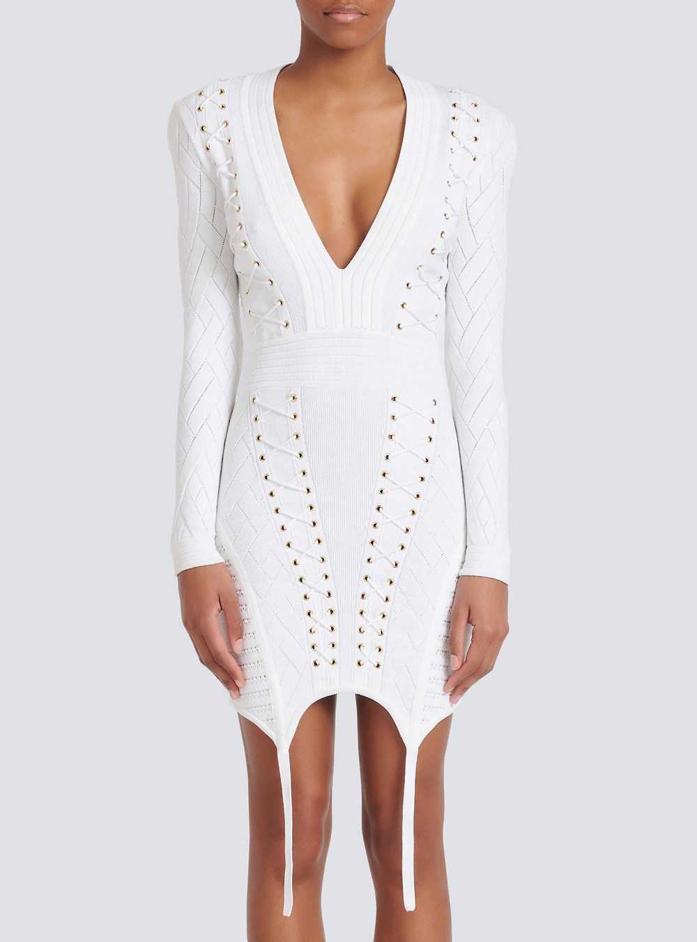 Balmain Short Knit Dress With Garter White | FAKUETG-68