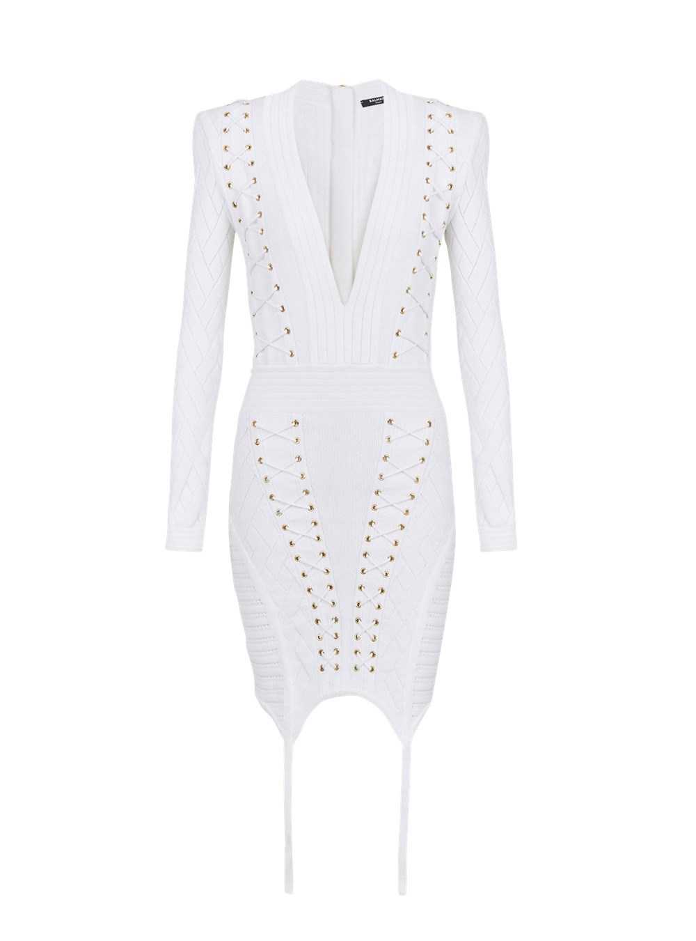 Balmain Short Knit Dress With Garter White | FAKUETG-68