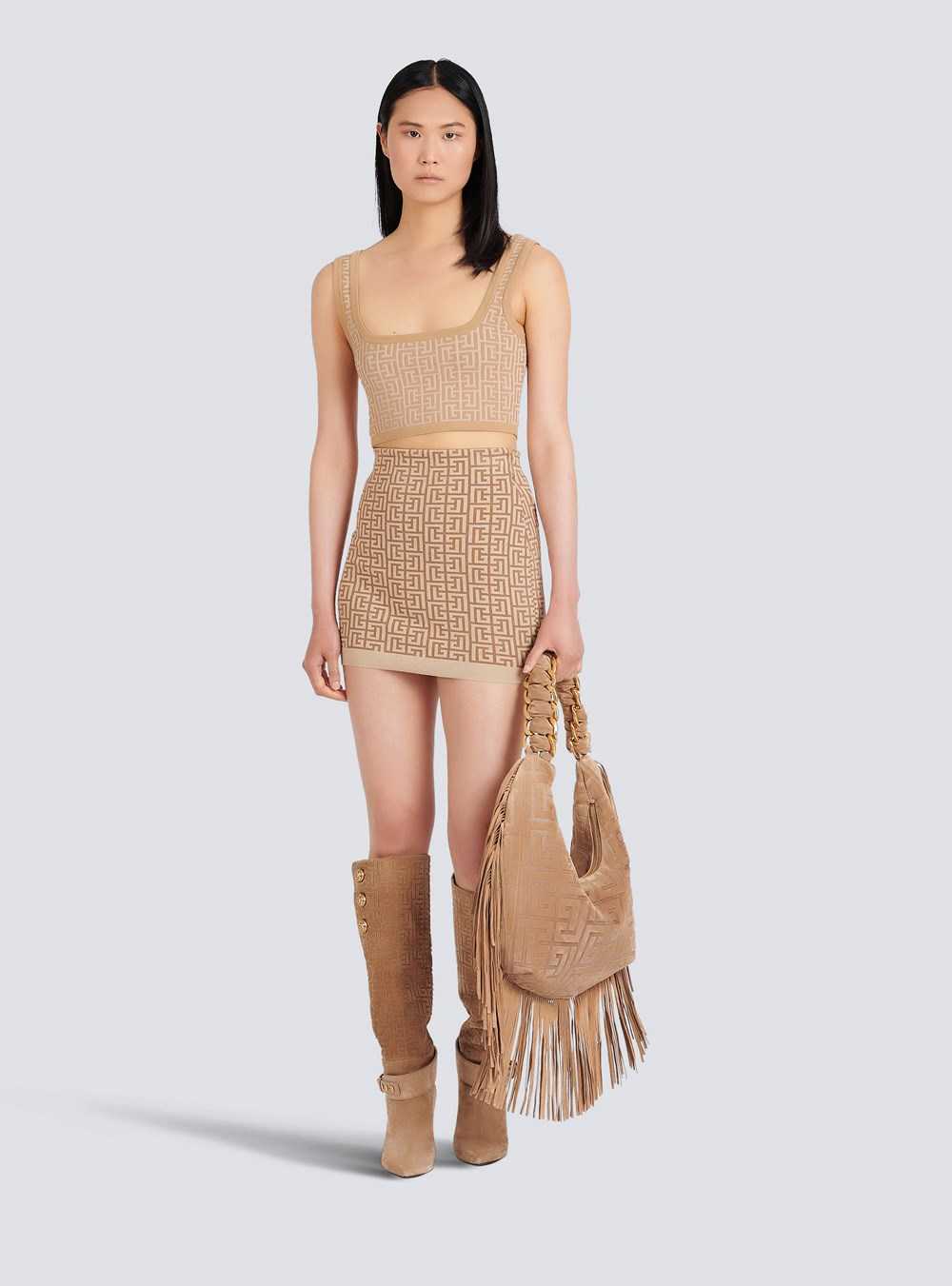 Balmain Short Knit Skirt With Balmain Monogram Beige | RIZUOLX-46