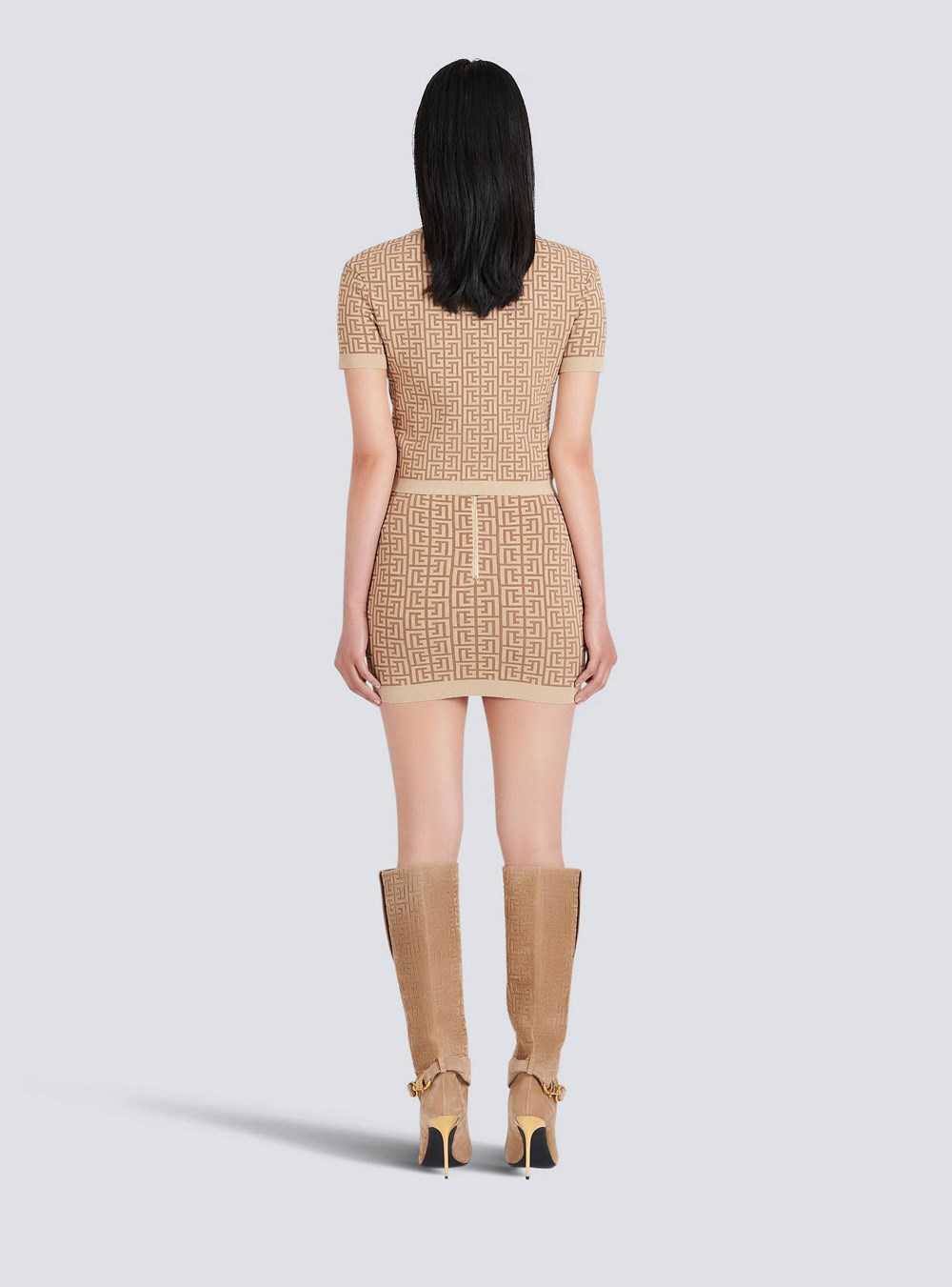 Balmain Short Knit Skirt With Balmain Monogram Beige | RIZUOLX-46