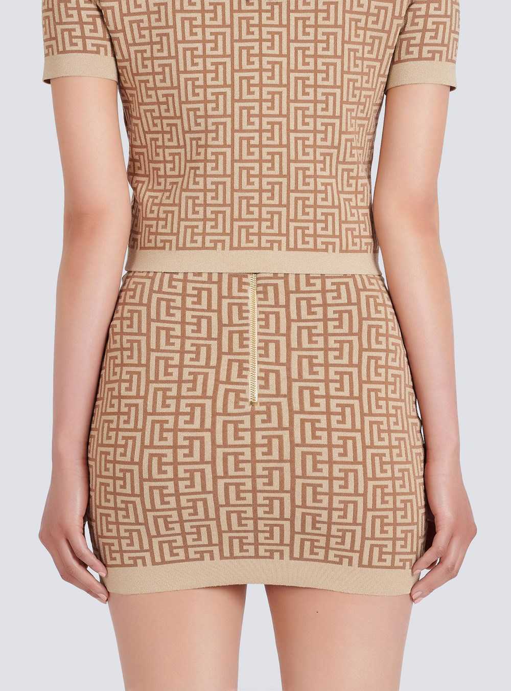 Balmain Short Knit Skirt With Balmain Monogram Beige | RIZUOLX-46