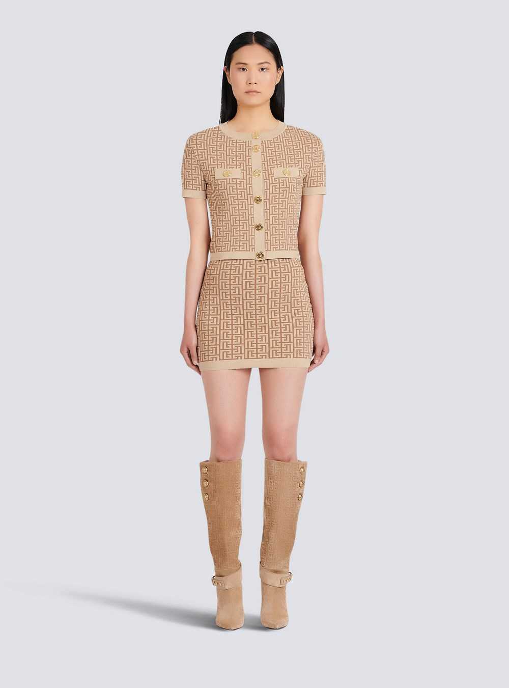 Balmain Short Knit Skirt With Balmain Monogram Beige | RIZUOLX-46