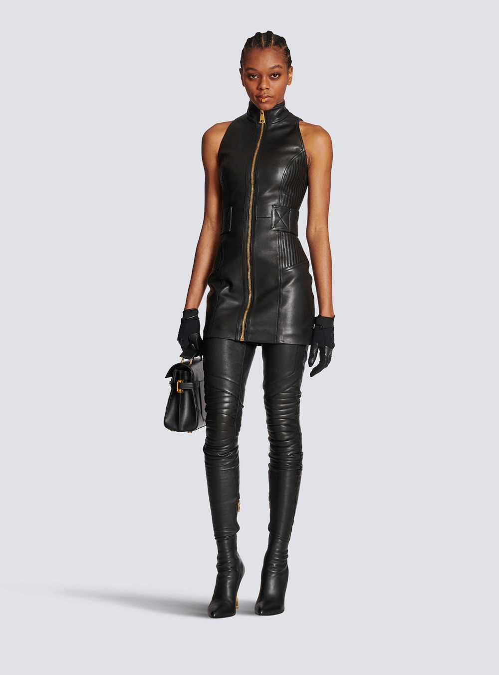 Balmain Short Leather Dress Black | OUGKWFZ-57