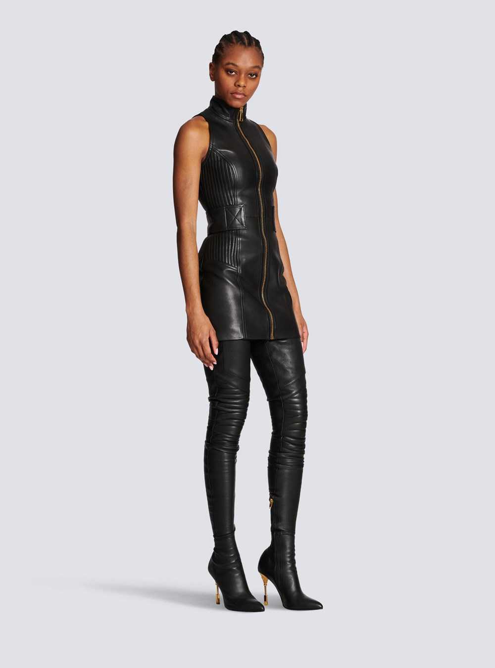 Balmain Short Leather Dress Black | OUGKWFZ-57