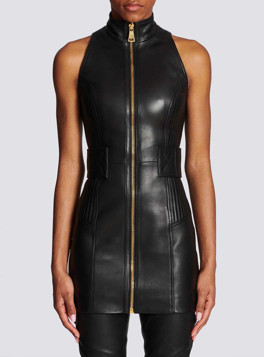 Balmain Short Leather Dress Black | OUGKWFZ-57