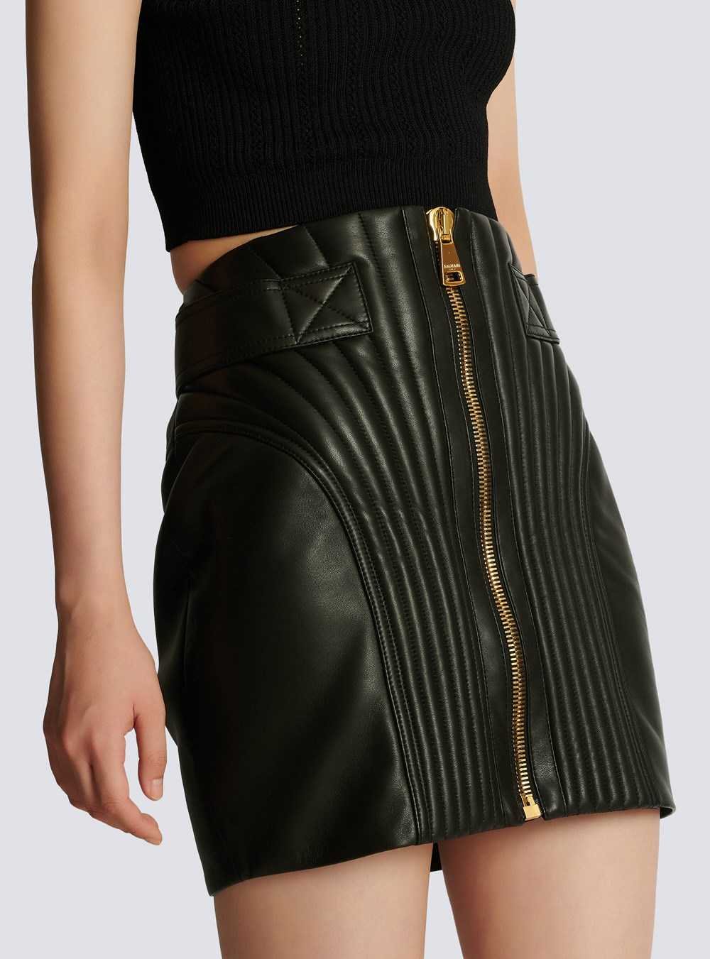 Balmain Short Quilted Leather Skirt Black | YHNEQDL-89