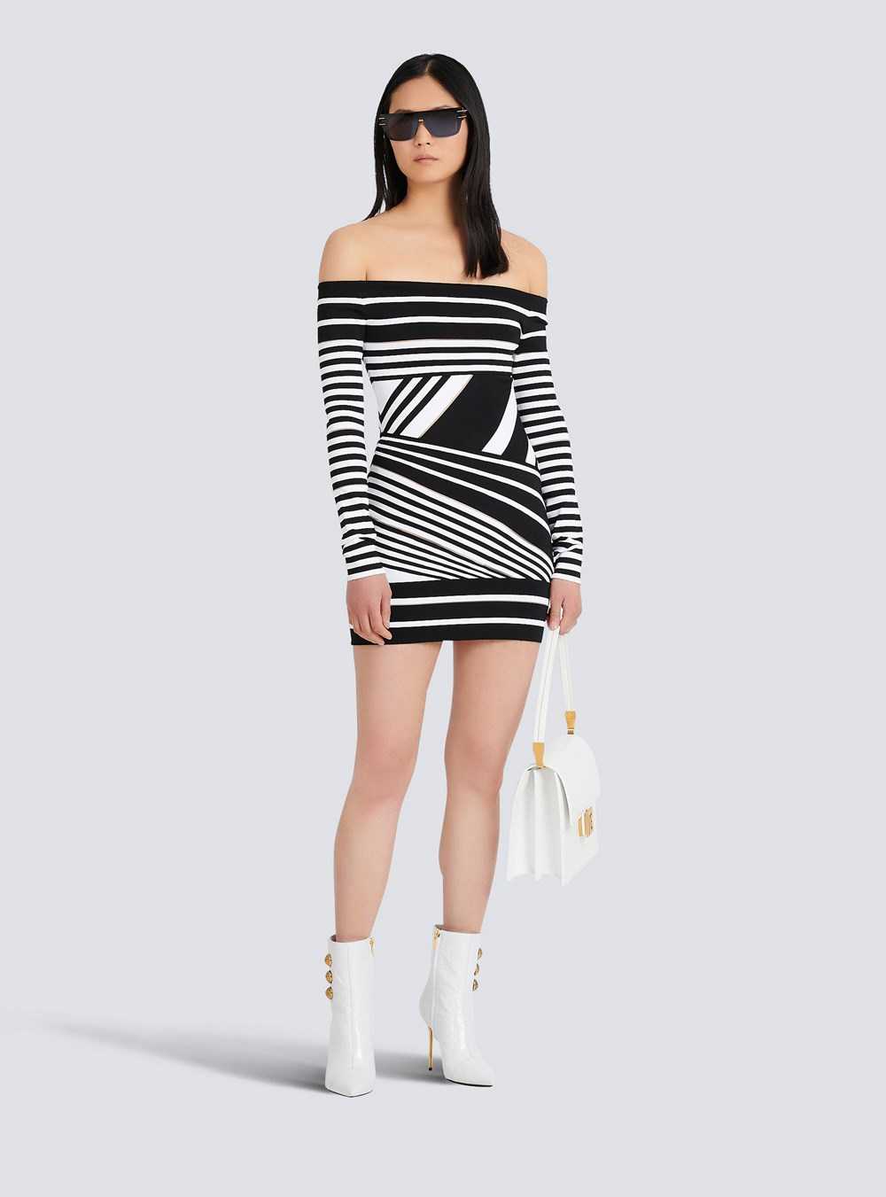 Balmain Short Striped Eco-designed Jacquard Dress Black | OIYWRFD-37