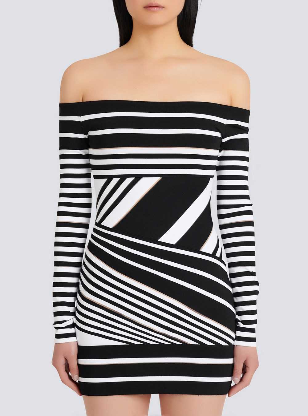 Balmain Short Striped Eco-designed Jacquard Dress Black | OIYWRFD-37