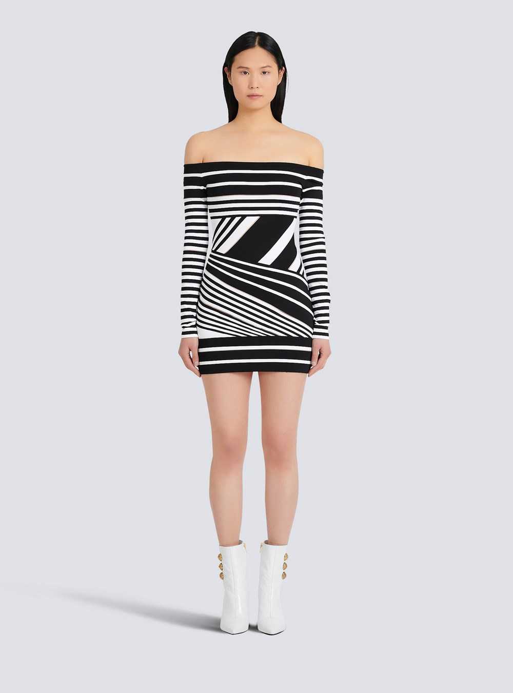 Balmain Short Striped Eco-designed Jacquard Dress Black | OIYWRFD-37