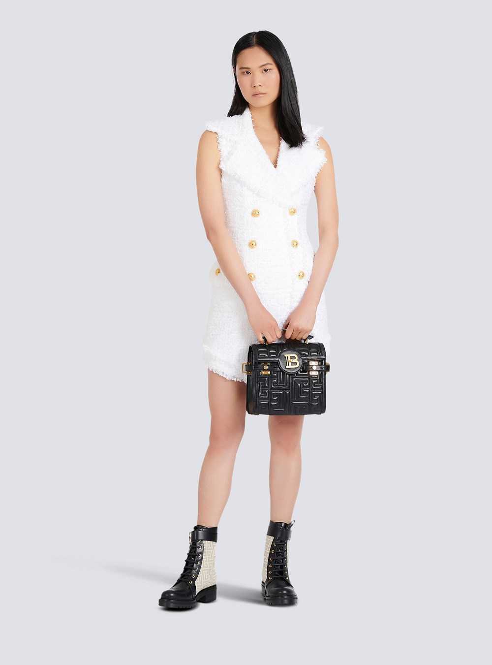 Balmain Short Tweed Dress With Gold-tone Double-buttoned Fastening White | BCFNPUG-95