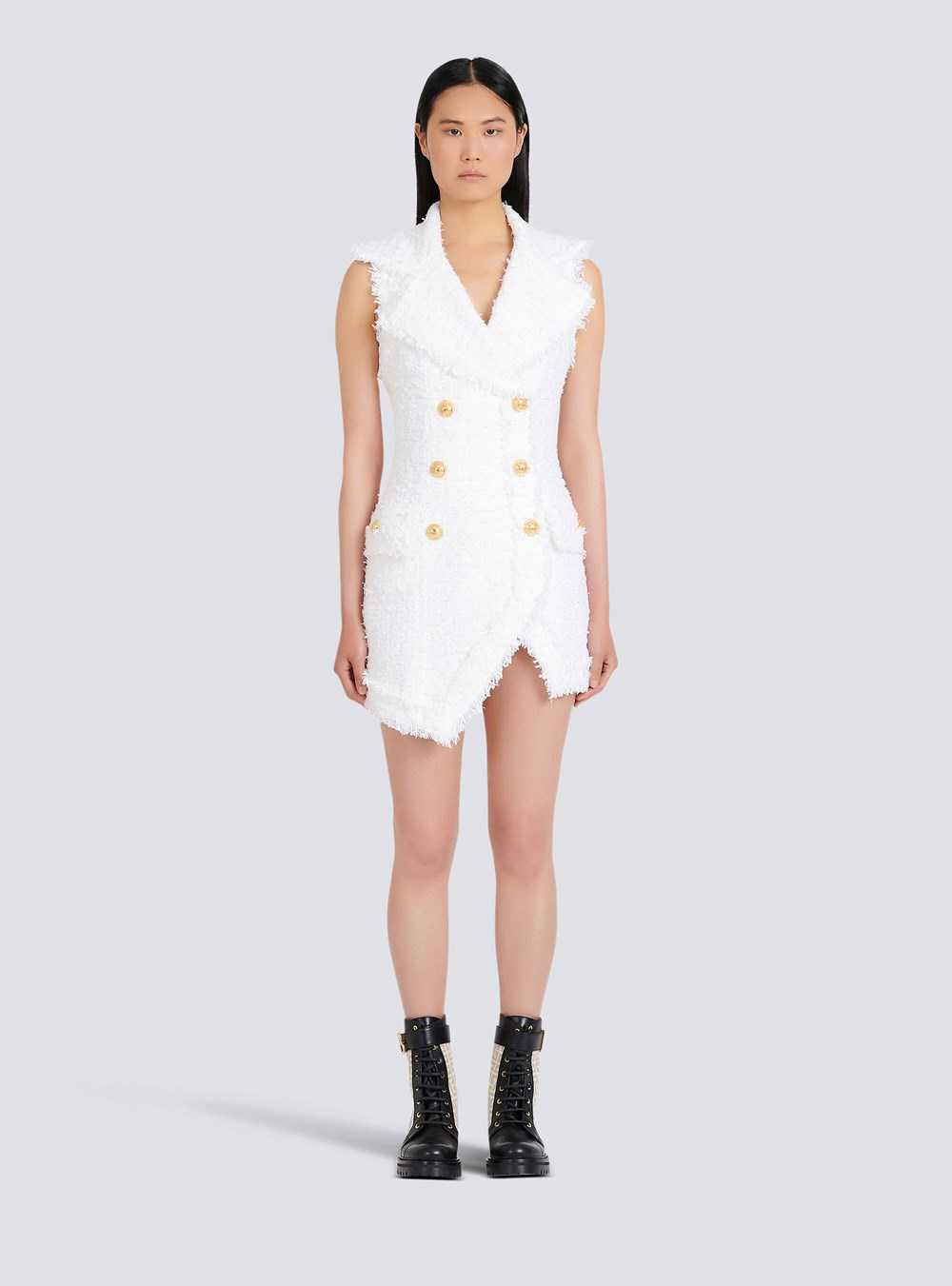 Balmain Short Tweed Dress With Gold-tone Double-buttoned Fastening White | BCFNPUG-95