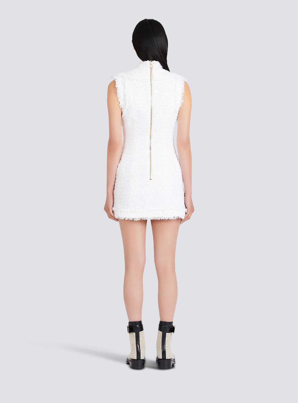 Balmain Short Tweed Dress With Gold-tone Double-buttoned Fastening White | BCFNPUG-95