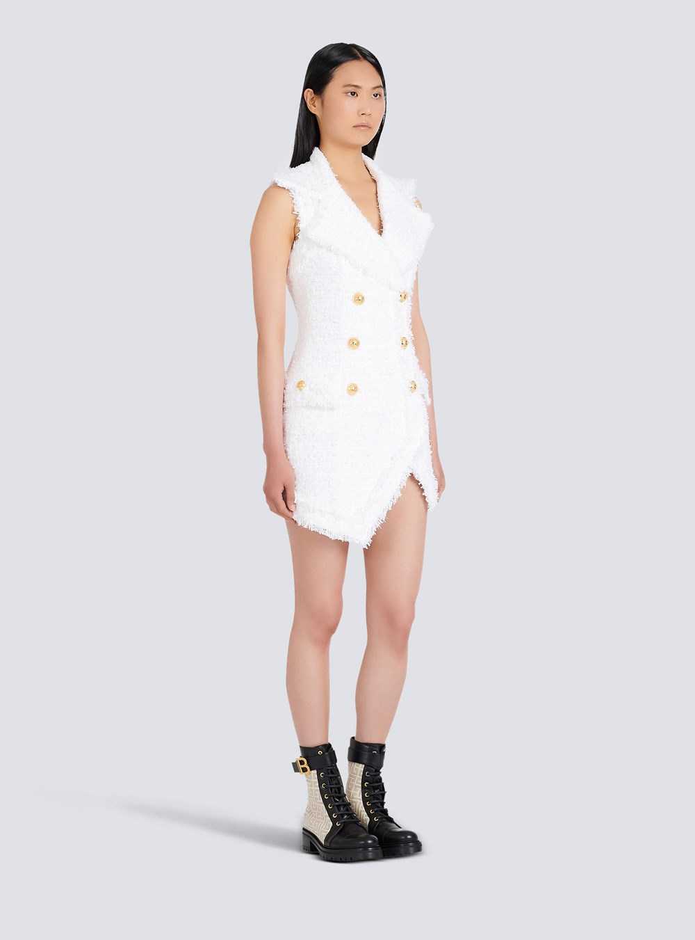 Balmain Short Tweed Dress With Gold-tone Double-buttoned Fastening White | BCFNPUG-95