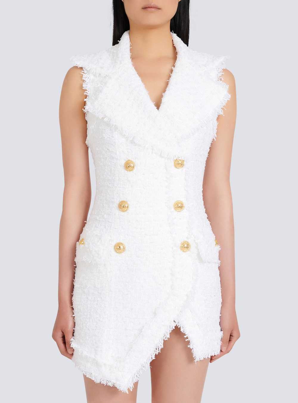 Balmain Short Tweed Dress With Gold-tone Double-buttoned Fastening White | BCFNPUG-95