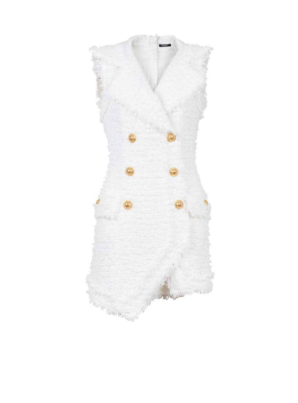 Balmain Short Tweed Dress With Gold-tone Double-buttoned Fastening White | BCFNPUG-95