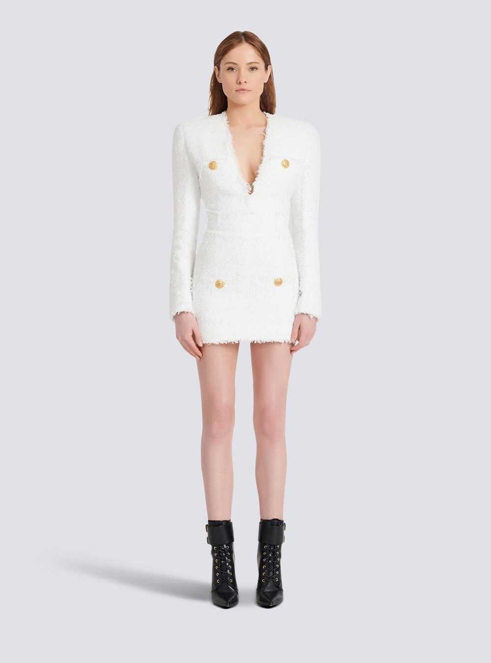 Balmain Short Tweed Dress With Gold-tone Buttons White | EOTQIKS-41