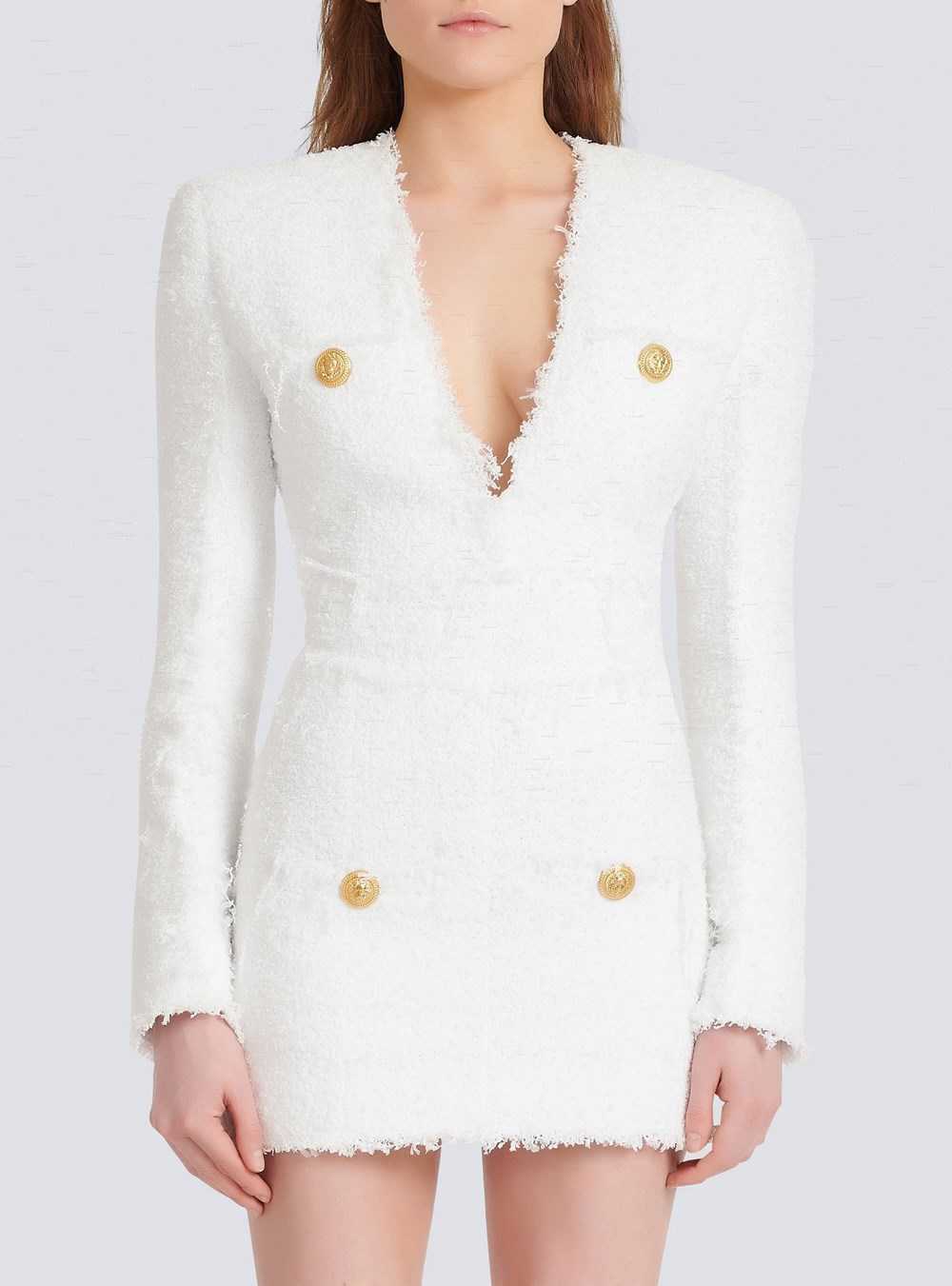 Balmain Short Tweed Dress With Gold-tone Buttons White | EOTQIKS-41