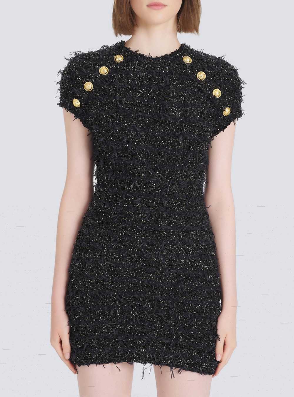 Balmain Short Tweed Dress With Gold-tone Buttons Black | OQRAFPJ-71