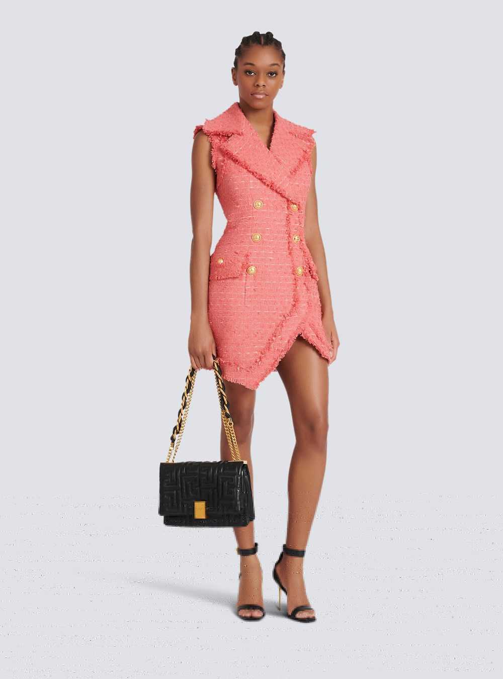 Balmain Short Tweed Dress With Gold-tone Double-buttoned Fastening Pink | VOPFKSJ-62