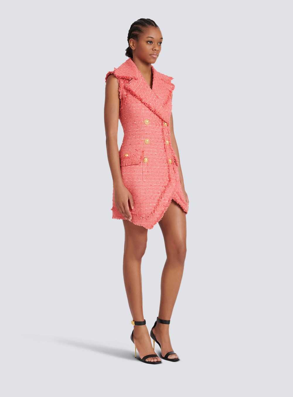 Balmain Short Tweed Dress With Gold-tone Double-buttoned Fastening Pink | VOPFKSJ-62