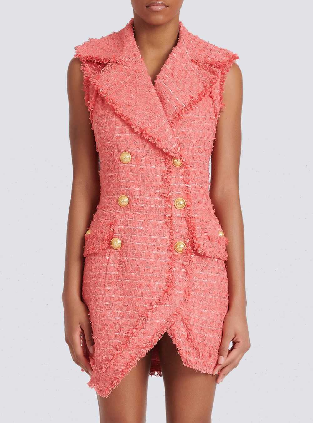 Balmain Short Tweed Dress With Gold-tone Double-buttoned Fastening Pink | VOPFKSJ-62