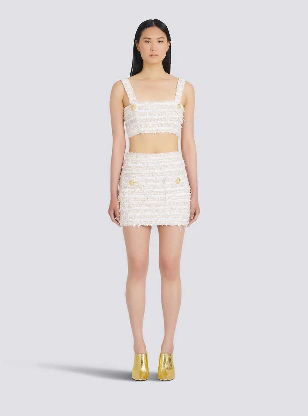 Balmain Short Tweed Skirt White | JNMDXSV-01