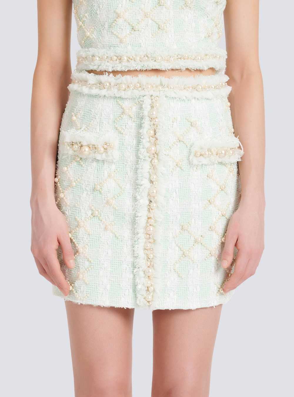 Balmain Short Tweed Skirt With Embroidery Green | QCFZUXP-96