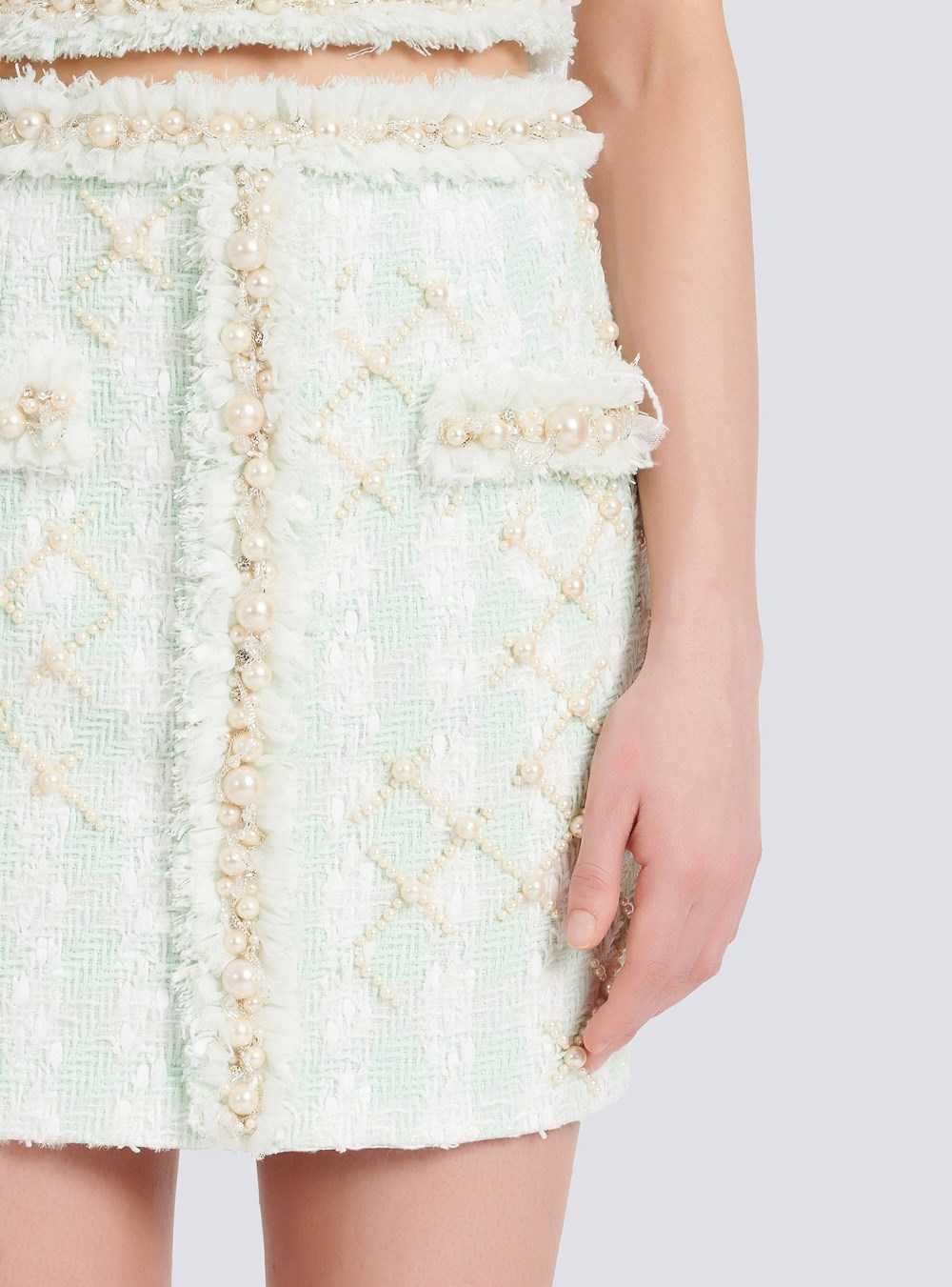 Balmain Short Tweed Skirt With Embroidery Green | QCFZUXP-96