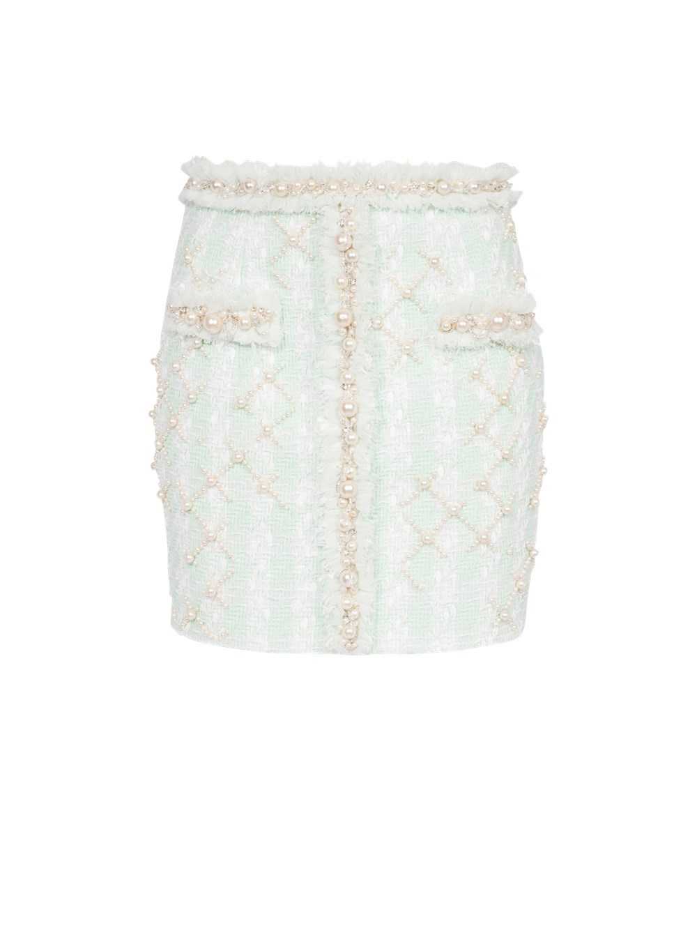 Balmain Short Tweed Skirt With Embroidery Green | QCFZUXP-96