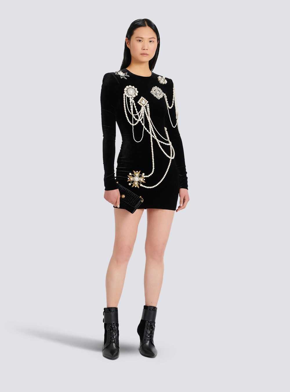 Balmain Short Velvet Dress With Embroidery Black | RUDMYIV-02