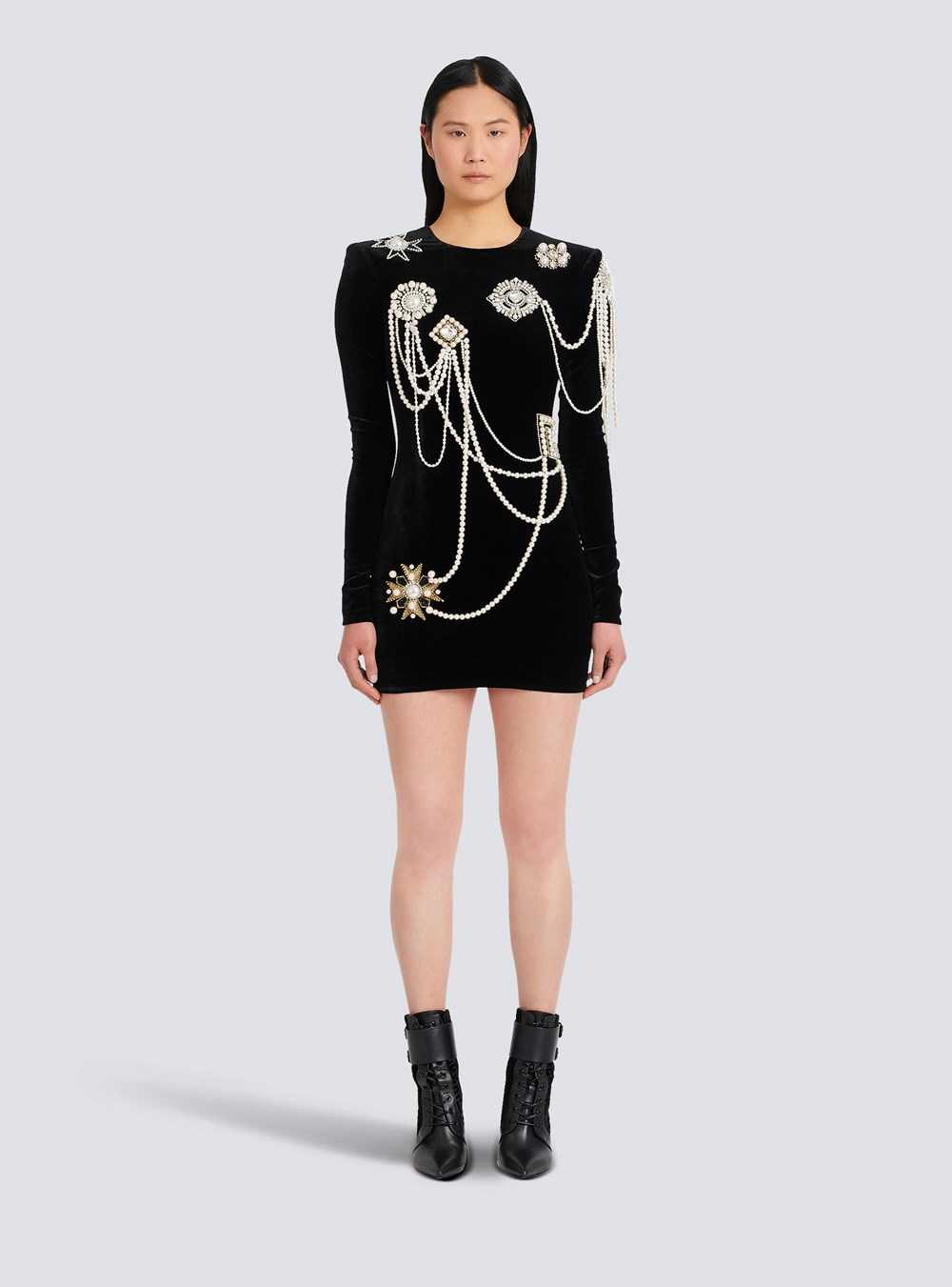 Balmain Short Velvet Dress With Embroidery Black | RUDMYIV-02