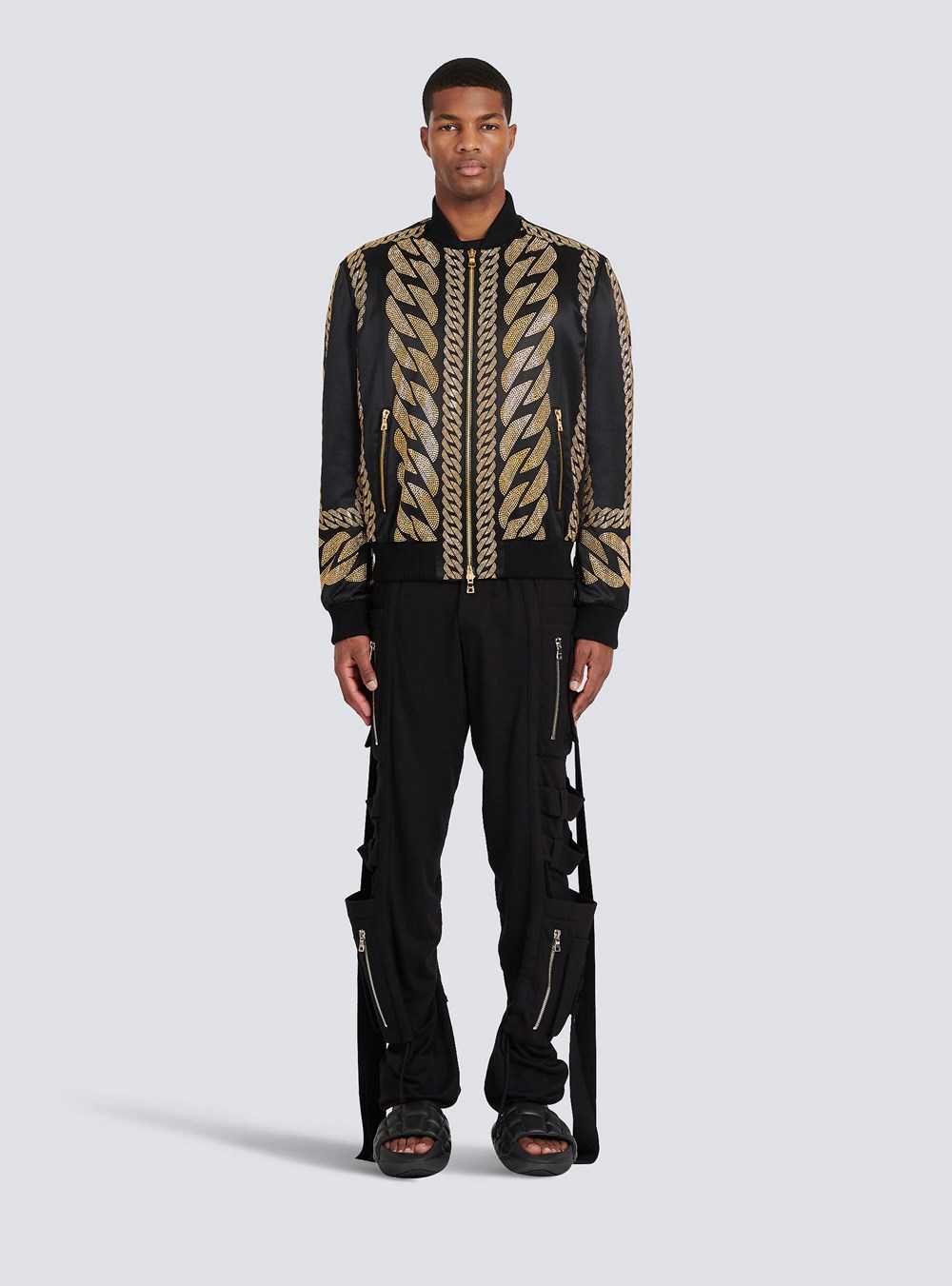 Balmain Silk Bomber Jacket With Chain Embroidery Black | SFUGIYZ-48