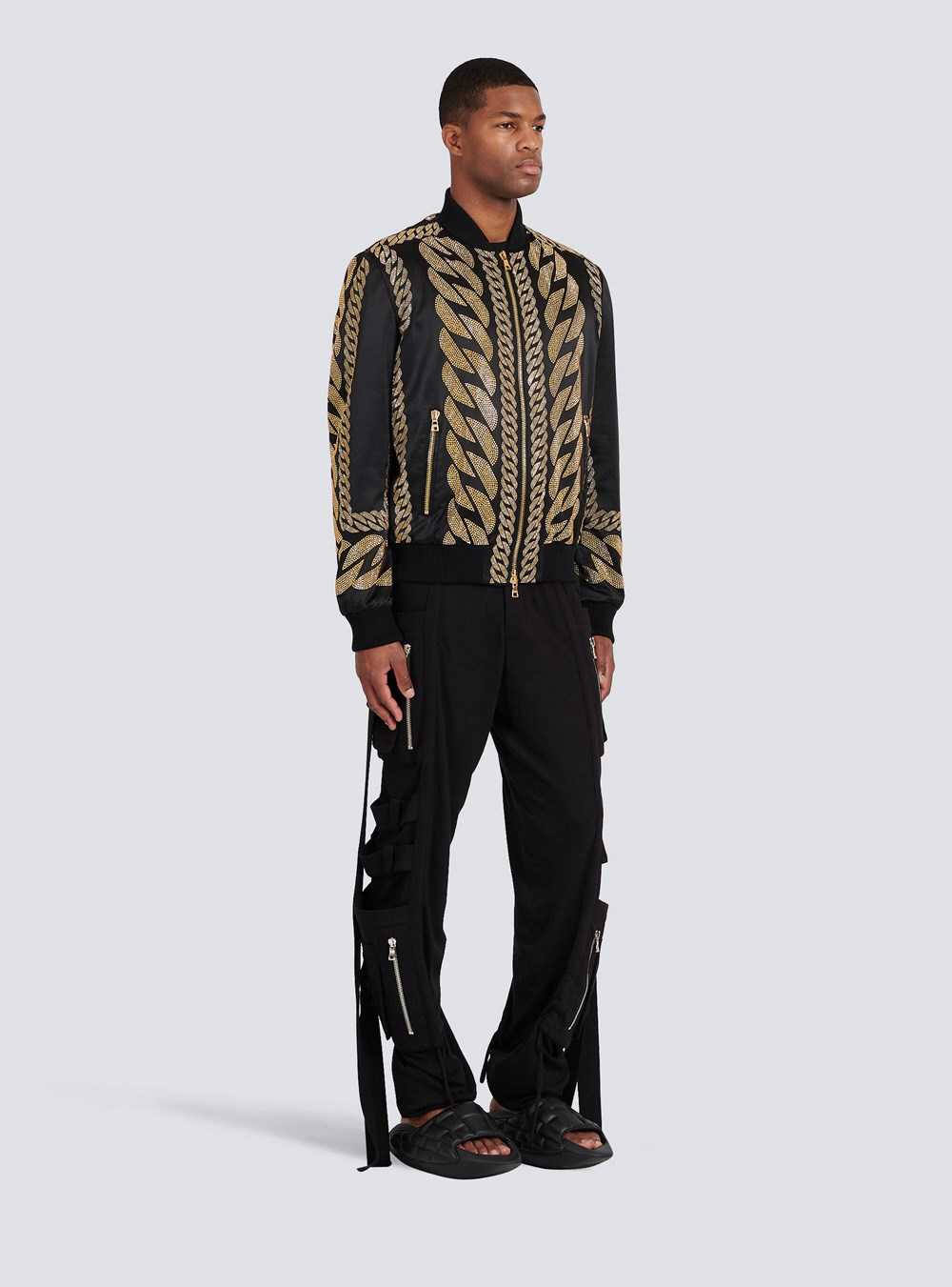 Balmain Silk Bomber Jacket With Chain Embroidery Black | SFUGIYZ-48