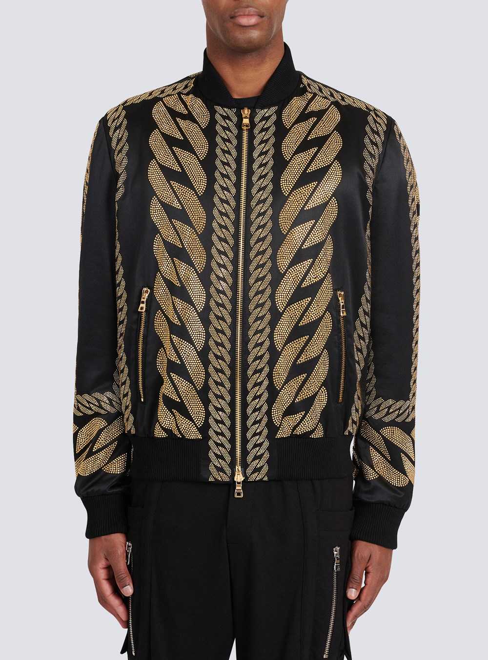 Balmain Silk Bomber Jacket With Chain Embroidery Black | SFUGIYZ-48