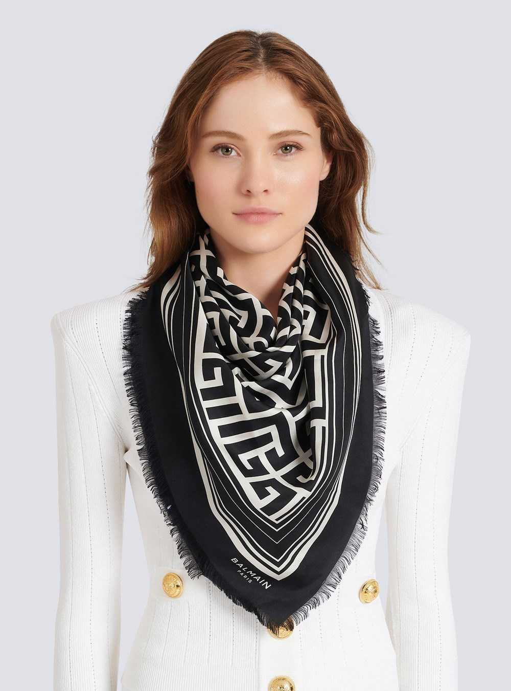 Balmain Silk Scarf With Balmain Monogram Black | YMISDAV-82