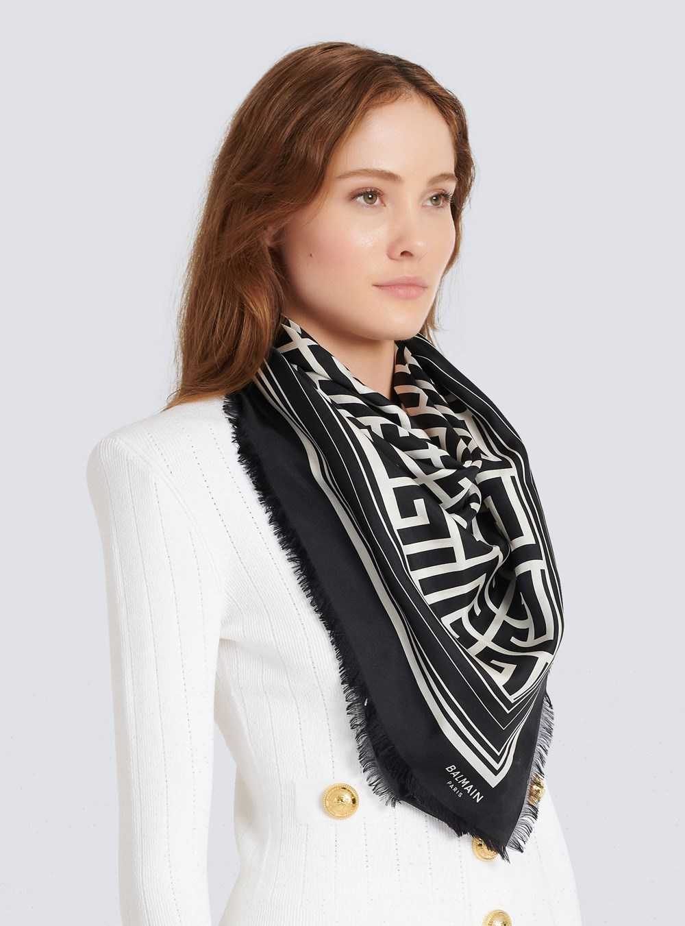 Balmain Silk Scarf With Balmain Monogram Black | YMISDAV-82