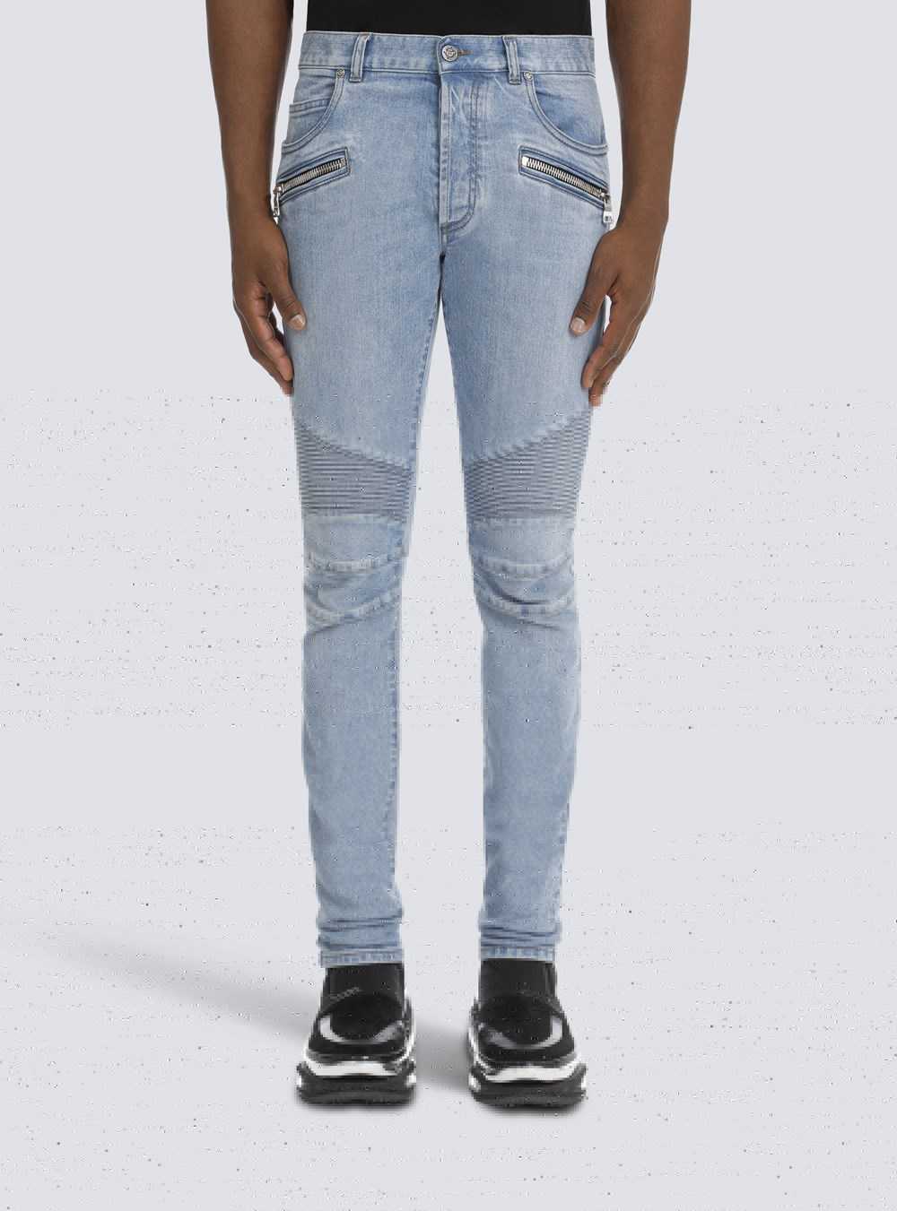 Balmain Slim Cotton Jeans With Balmain Monogram Blue | RKVYMEZ-27